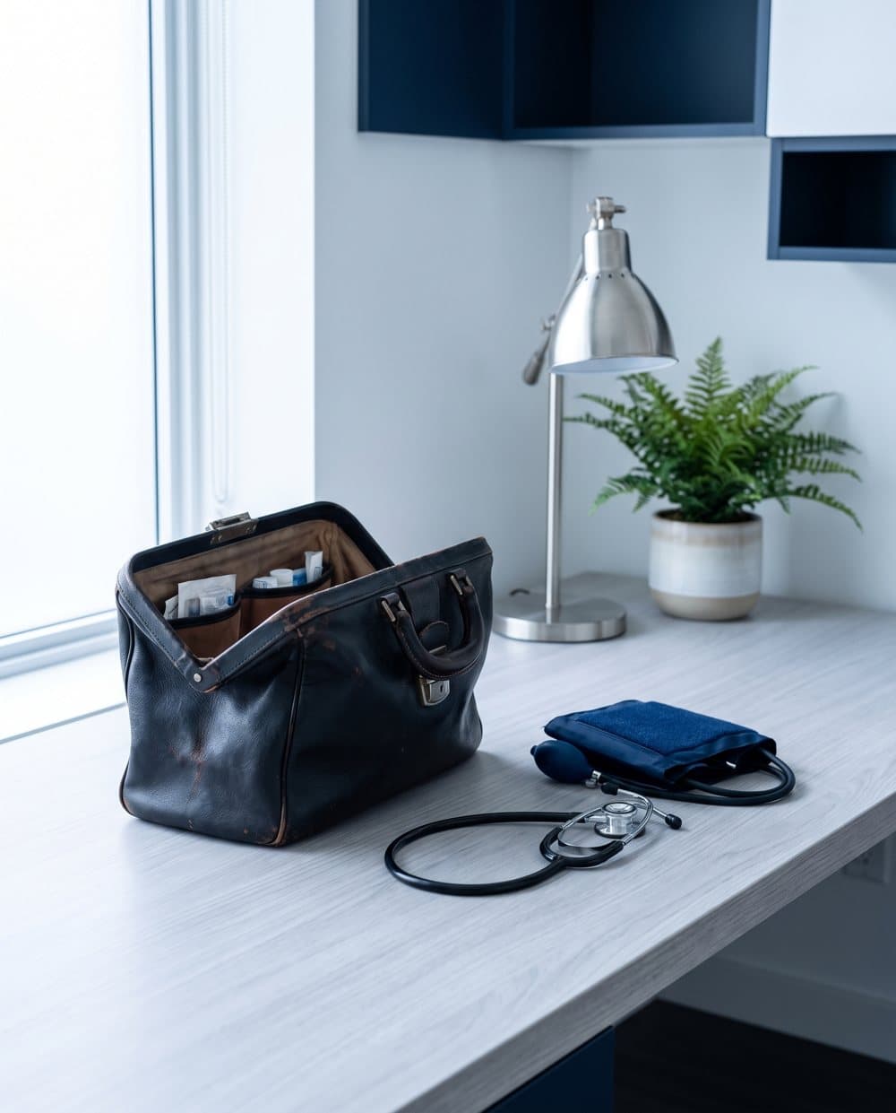 A doctor’s leather bag with a stethoscope and blood pressure cuff