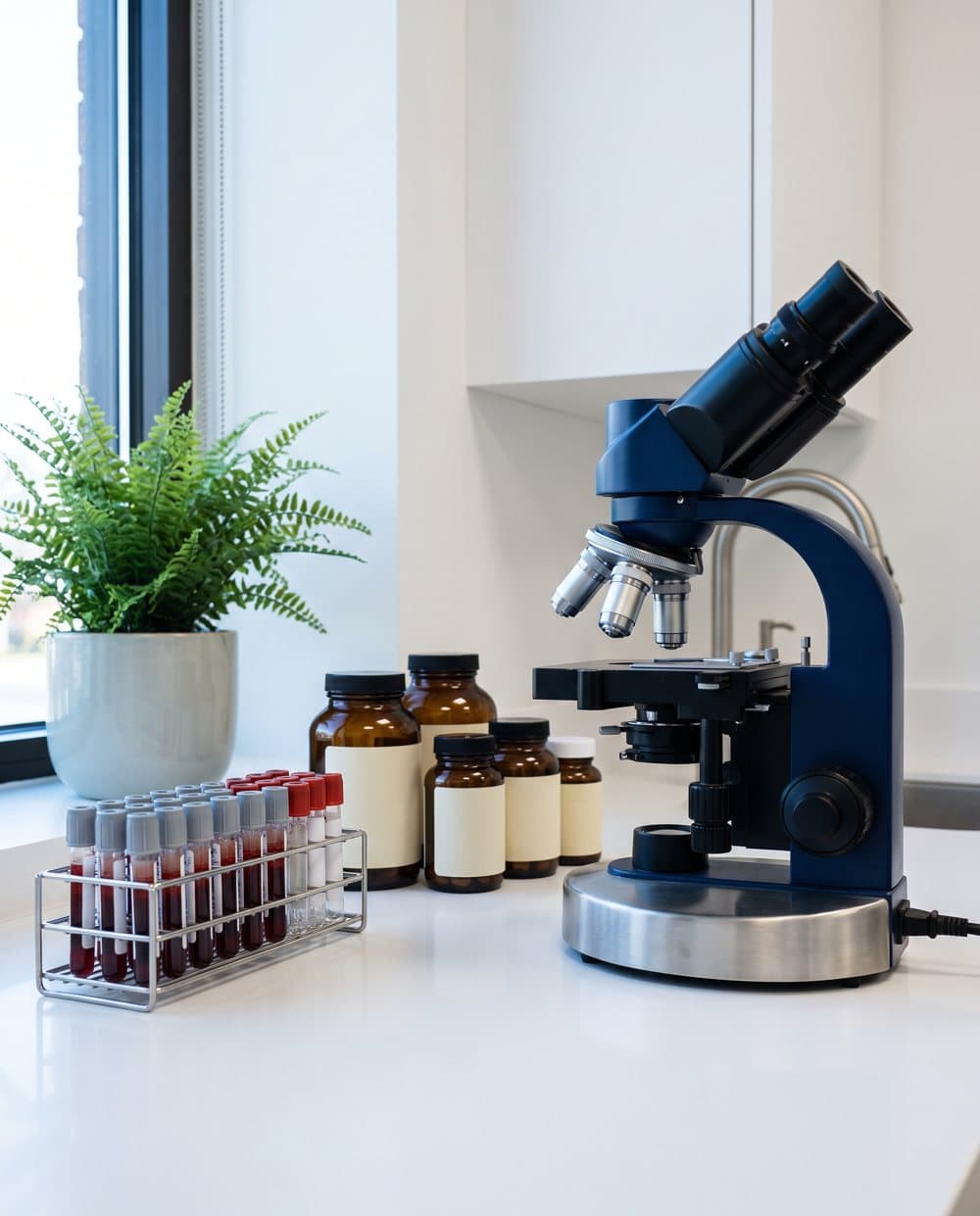 Blood sample tubes, a microscope and supplement bottles