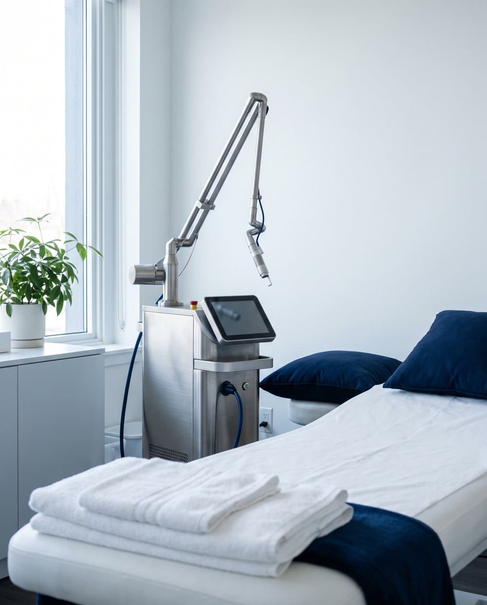 A laser treatment device beside a white treatment bed