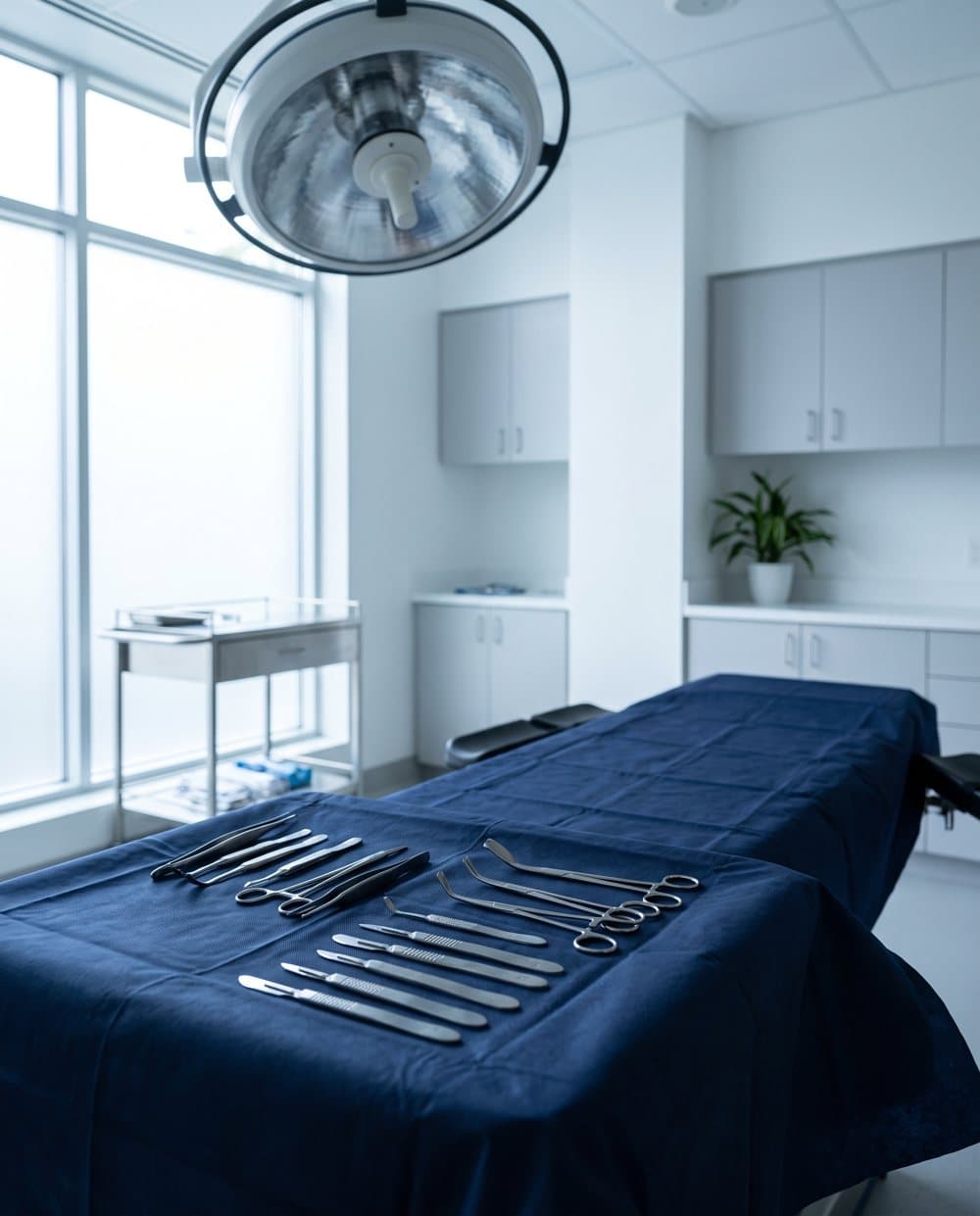 Surgical instruments in a row under a surgical light